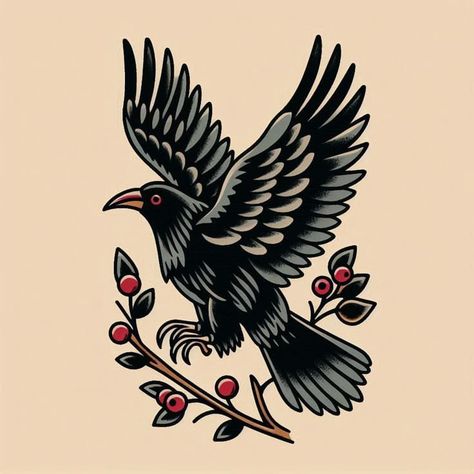 Traditional Style Crow Tattoo, Old School Crow Tattoo, Traditional Tattoo Crow, Rooster Drawing, Traditional Tattoo Drawings, Trad Tattoos, Traditional Tattoo Flash Art, Traditional Tattoo Inspiration, Traditional Style Tattoo