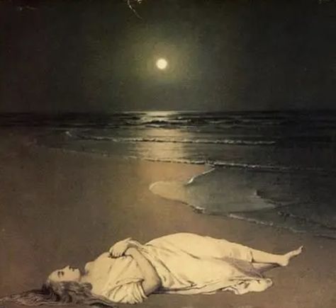 Full Moon, The Ocean, At Night, A Woman, The Beach, Moon