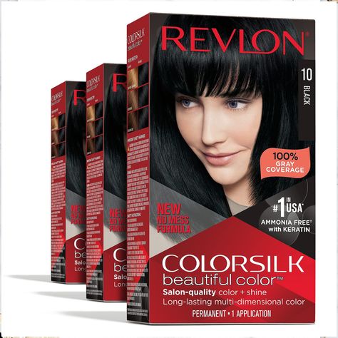 Permanent Hair Color by Revlon, Permanent Hair Dye, Colorsilk with 100% Gray Coverage, Ammonia-Free, Keratin and Amino Acids, 10 Black, 4.4 Oz (Pack of 3) Beautiful Hair Dye, Revlon Hair Color, Ammonia Free Hair Color, How To Dye Hair At Home, Revlon Colorsilk, Black Hair Dye, Hair Color Formulas, Gray Coverage, Permanent Hair Dye