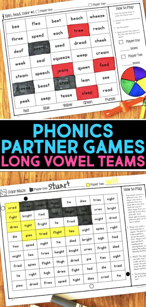 Phonics Partner Games are fun way to help your students practice reading specific phonics patterns. Games are played with a partner and engage students in both word reading and sentence reading. This set of phonics games is for long vowel teams and includes EE, EA, AI, AY, OA, OE, IGH, IE and a mix of all those vowel patterns. Teachers love using these games in a literacy center and children love playing with their friends! Vowel Team Games, Vowel Diagraphs, Long Vowel Games, Vowel Teams Activities, Syllable Games, Vowel Patterns, Teaching Vowels, Intervention Activities, Reading Foundational Skills