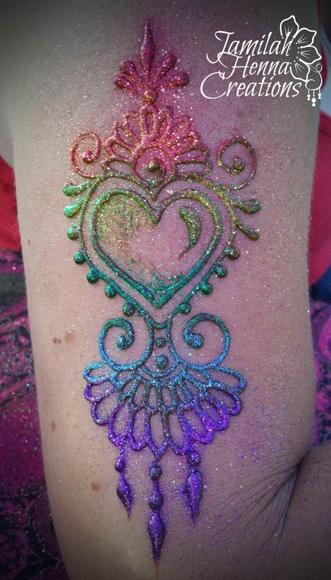 rainbow glitter heart henna www.jamilahhennacreations.com Rainbow Henna, Heart Henna, Glitter Henna, Butterfly Tattoos Images, Henna Inspiration, Traditional Henna, White Henna, Henna Party, Glitter Tattoo