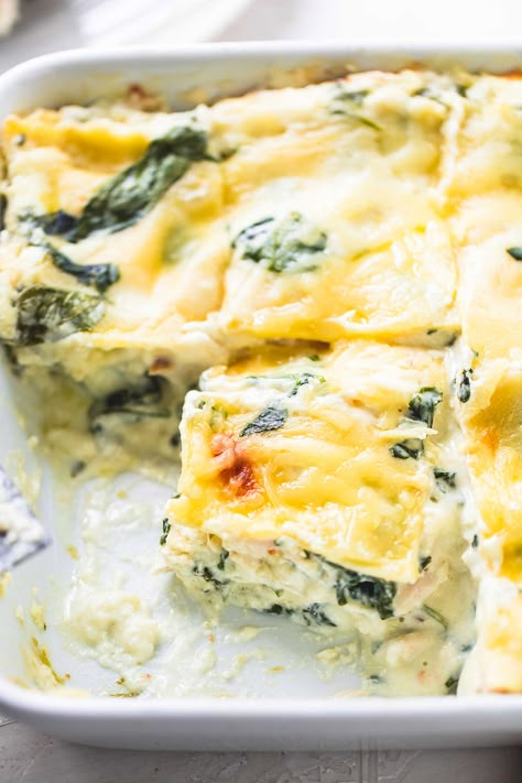 Easy White Chicken Lasagna with Spinach | Creme De La Crumb Dinner For Beginner Cooks, Dinner Guest Recipes, White Lasagne, Spinach Lasagna Recipe, Lasagna With Spinach, Chicken Spinach Lasagna, Chicken Lasagne, Chicken Lasagna Recipe, White Chicken Lasagna