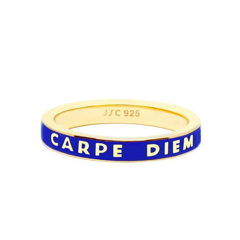 Seize the day with this red enamel “Carpe Diem” ring in 14k gold vermeil. Wear alone or stack with your favorite color enamel rings. Funky Gold Jewelry, Cute Gold Rings, Blue And Gold Ring, Blue And Gold Jewelry, Enamel Rings, Colorful Rings, Enamel Jewellery, The Bling Ring, Seize The Day