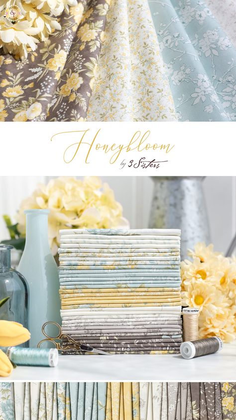 Coming Soon in January 2024! Discover the enchanting world of the Honeybloom fabric collection, designed by 3 Sisters for Moda Fabrics. This exquisite collection showcases a delightful range of pastel colors, including soft yellows, gentle aquas, and soothing grays, and taupe making it perfect for spring and summer projects. With its harmonious blend of neutrals and gentle hues, the Honeybloom collection evokes a sense of tranquility and elegance. Spring Sewing Projects, Fat Quarter Sewing Projects, Moda Fabric Collections, Quilt Colors, Fabric Outlet, Shabby Chic Fabric, Quilt Fabrics, Moda Fabric, 3 Sisters