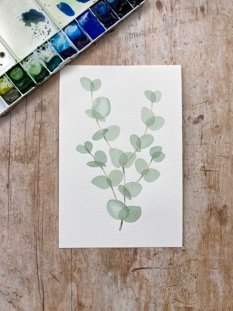 Watercolour Eucalyptus Leaves, Eucalyptus Watercolor Tutorial, Watercolor Greenery Painting, Simple Watercolour Card, Watercolour Greenery, Eucalyptus Painting, Watercolour Eucalyptus, Watercolor Techniques Tutorial, Botanical Watercolor Painting