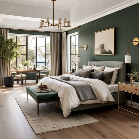 Midnight Green Bedroom Ideas, Master Bedrooms Decor Dark Green, Emerald Master Bedrooms Decor, Elegant Bedrooms Luxury Classy, Traditional Bedroom Decor Master Suite, Dark Green Master Bedrooms Decor, Dark Green Aesthetic Bedroom, Green Master Bedrooms Decor, Beautiful Master Bedrooms