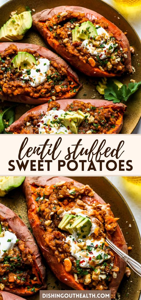 Smoky Lentil & Sweet Potato Stuffing Stuffed Sweet Potato Vegetarian, Best Stuffed Sweet Potato Recipes, Stuffed Sweet Potatoes Vegan, Vegan Sweet Potato Dinner Recipes, Lentil Stuffed Sweet Potato, High Protein Stuffed Sweet Potato, Stuffed Sweet Potato Recipes Vegetarian, Stuffed Sweet Potato Recipes Vegan, Tofu Stuffed Sweet Potato