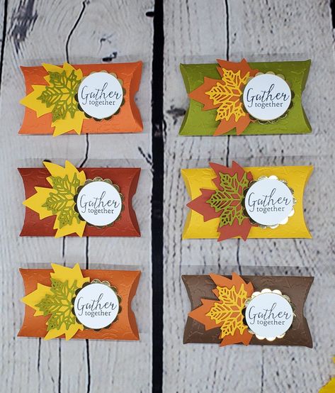 "Thanksgiving Pillow Treat Boxes, Thanksgiving Party Favor, Autumn Favor, Fall Leaf Favor Boxes, Fall Favor, Thanksgiving Treat Boxes. These cute Pillow treat boxes will look perfect on your Thanksgiving table! They would also work great for a small treat for family, friends, teachers, school parties, classroom gifts, co-workers, neighbors, or party guests. These treat boxes are handmade from precision 65lb cardstock and are created from fall colors of harvest. They have been embossed with fall Fall Table Favors Thanksgiving Treats, Fall Harvest Party Favors, Halloween Treat Bags For Adults, Thanksgiving Table Favors Cricut, Thanksgiving Gifts For Friends, Thanksgiving Favors For Guests, Stampin Up Thanksgiving Table Favors, Thanksgiving Treat Boxes, Fall Favor Boxes