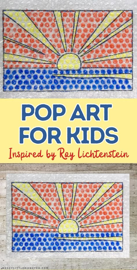 Roy Lichtenstein Sunrise, Pop Art For Kindergarten, Pop Art Art Projects, Litchenstein Art, Pop Art Lessons For Elementary, Jen Stark Drip Art Lesson, Pop Art Lichtenstein, Pop Art Roy Lichtenstein, Roy Lichtenstein Art