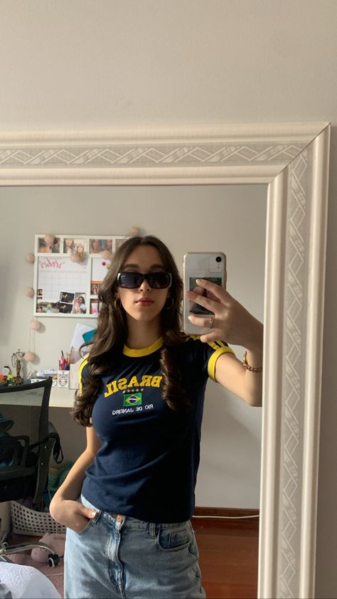 Ringer Tee Outfit, Blokette Core, Brazil Core, Dreamy Wardrobe, Football Jersey Outfit, Fits Inspo, Cute Lazy Day Outfits, Jersey Outfit, Lazy Day Outfits