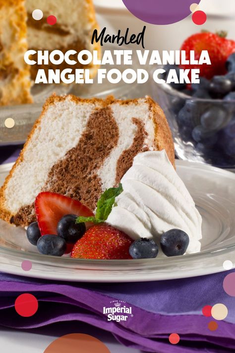 Light and airy Chocolate Angel Food Cake is swirled together with a Vanilla Angel Food Cake for a cholesterol and fat-free cake that will make both chocolate and vanilla lovers happy. Marbled Chocolate Vanilla Angel Food Cake is a pillowy, fluffy cake that is perfect served as-is or topped with homemade whipped cream, fresh fruit, or ch Fat Free Cake, Chocolate Angel Food Cake, Marbled Chocolate, Fluffy Cake, Cream Fresh, Blue Desserts, Chocolate Swirl, Icebox Cake, Delicious Cake Recipes