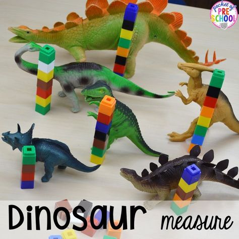 Dinosaur number measure plus tons of dinosaur themed activities & centers your preschool, pre-k, and kindergarten students will love! #preschool #pocketofpreschool #dinosaurtheme Dinosaur Themed Activities, Recycle Activities, Pond Activities, Dinosaurs Kindergarten, Dinosaur Crafts Preschool, Dinosaur Lesson, Dinosaur Classroom, Dinosaur Theme Preschool, Pocket Of Preschool