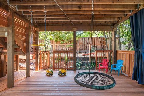 How to Create a Kid-Friendly Backyard that Even Adults Can Enjoy Patio Kids Play Area, Under Deck Patio, Kids Play Area Indoor, Kid Friendly Backyard, Under Deck, Backyard Playset, Custom Backyard, Kids Play Spaces, Play Area Backyard