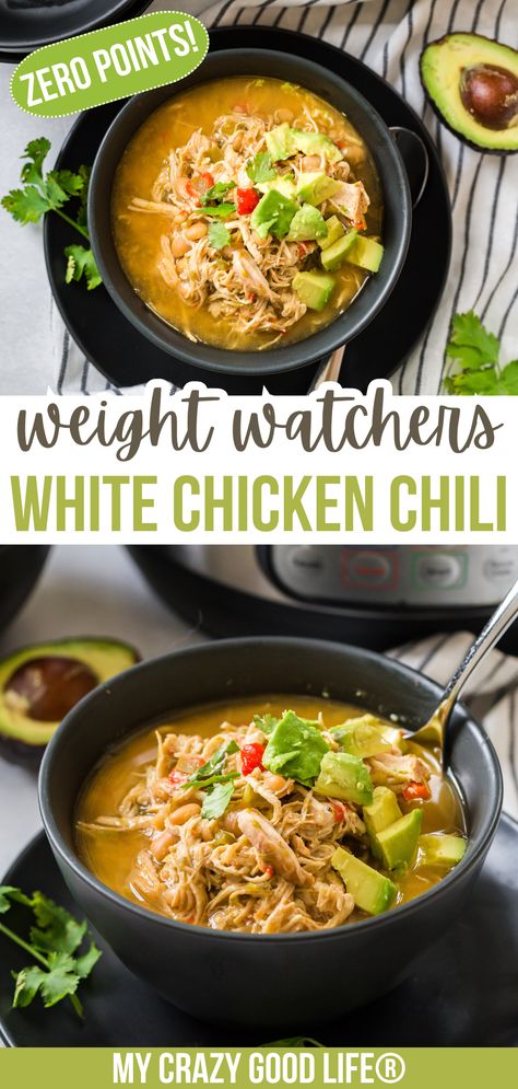 This WW White Chicken Chili is a seriously delicious zero points recipe that you are going to love! This is an easy Weight Watchers 0 point dinner! Ww White Chicken Chili, Weight Watchers White Chicken Chili, Healthy White Chicken Chili, Creamy Chili, My Crazy Good Life, White Chicken Chili Healthy, Weight Watchers Food Points, Weight Watchers Meals Dinner, Weight Watchers Meal Plans