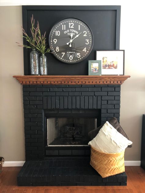 Black Mantle Fireplace, Black Tile Fireplace, Fireplace Painting, Black Brick Fireplace, Painting Brick, Black Mantle, Fireplace Black, Mantle Fireplace, Fireplace Redo