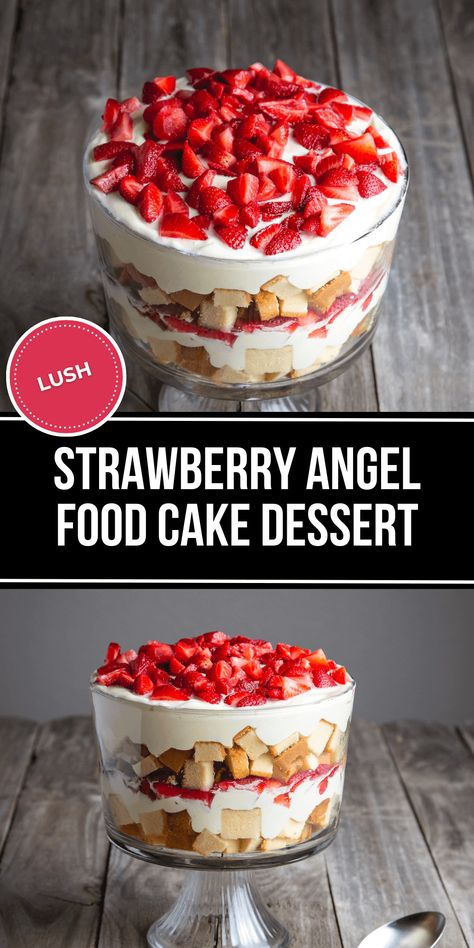 This Strawberry Angel Food Cake Dessert is super easy to make and serve. With fresh fruit on top of a pound cake, it's a great summer treat that tastes delicious and doesn't take much effort. Angel Food Cake Cupcakes, Strawberry Angel Food Cake Dessert, Strawberry Angel Food Cake, Pudding Desserts Recipes, Strawberry Shortcake Dessert, Angel Food Cake Desserts, Churro Bites, Strawberry Trifle, Low Sugar Desserts