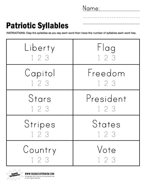 Patriotic Syllables Worksheet Zoo Worksheets, March Kindergarten Worksheets, Syllables Worksheet, Compound Words Worksheets, Number Words Worksheets, Syllables Activities, Worksheet For Kindergarten, Kindergarten Phonics Worksheets, Kindergarten Reading Worksheets