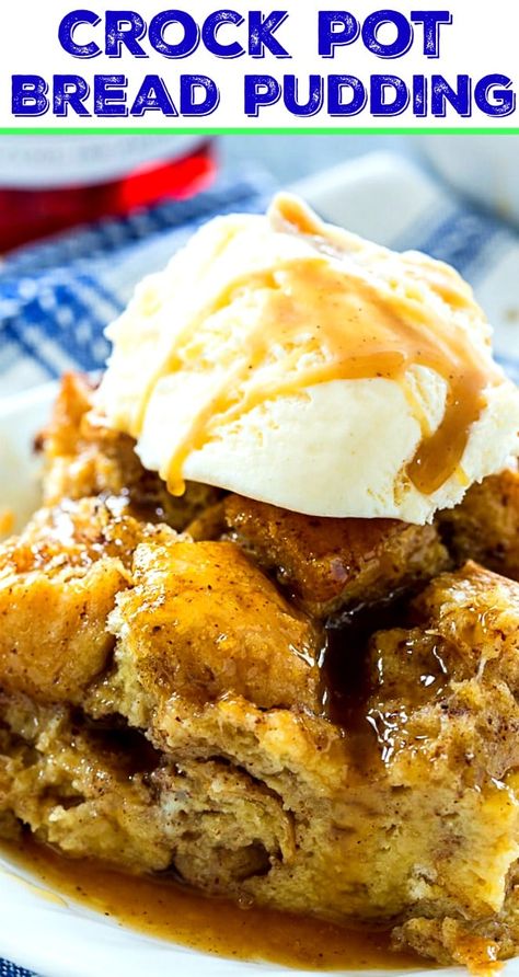 Crock Pot Bread Pudding with Buttered Rum Sauce Crock Pot Bread Pudding Recipe, Breakfast Crock Pot Recipes, Crockpot Bread Pudding, 1950 Recipes, Bread Pudding Crock Pot, Crock Pot Bread Pudding, Bread Pudding With Rum Sauce, Slow Cooker Bread Pudding, Easy Bread Pudding Recipe