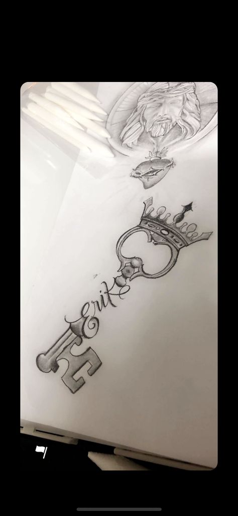 Key Name Tattoo, Tattoo Names With Crowns, Key Tattoo With Name, Crown With Name Tattoo, Crown With Date Tattoo, Loving Tattoos, Key To My Heart Tattoo With Name, Skeleton Key Tattoo, Lock Tattoo