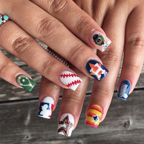 Astros Nails, Nails Baseball, Baseball Nail Designs, Baseball Nails, Sports Nails, Football Nails, Famous Hairstyles, Nails Pink, Pedicure Nail Art