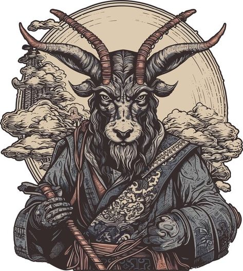 Nugrahithaaditya | Freepik Demonic Goat, Paddle Designs, Japanese Graphics, Samurai Design, Design Vector, Japanese Culture, Shirt White, Bold Colors, Premium Vector