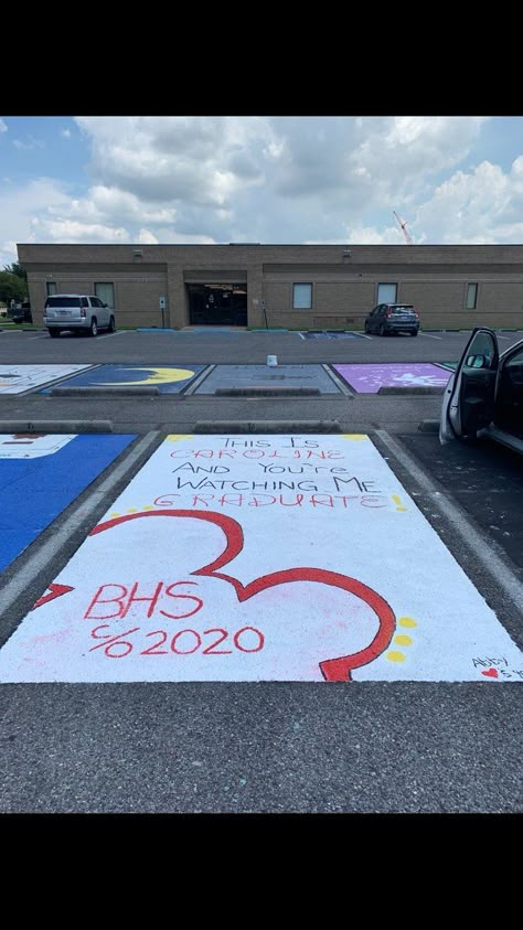 Chalk Your Spot Ideas, Grad Parking Spot Ideas, Creative Parking Spot Painting, Senior Parking Space Ideas High School Musical, Disney Parking Spots, High School Musical Parking Spot, Creative Senior Parking Spots, Painted Parking Spots Senior Easy, High School Parking Spot Painting Ideas