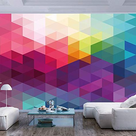 77x55 inches Wall Mural,Colorful Abstract Geometric Pattern with Triangles Polygon and Ohter Shapes Rainbow Decorativ... Mural Colorful, Geometric Wall Paint, Large Wall Stickers, Geometric Rainbow, Modern Quilt Blocks, Sticker Wall, Abstract Geometric Pattern, Wallpaper Removable, Wall Decor Stickers