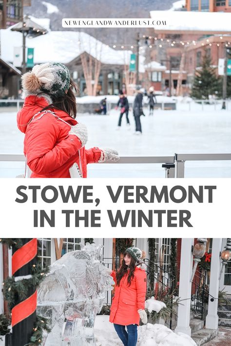 Experience the magic of winter in Stowe, VT! From skiing at one of the top ski resorts in the world, to exploring scenic snowshoe trails, and cozying up in charming lodges, there’s something for everyone. Whether it’s a romantic escape or a family adventure, this guide highlights the best things to do in Stowe this winter even for non-skiers, including ice skating with mountain views, cozy places to stay, winter festival tips, and lots more. What To Do In Stowe Vermont, Stowe Vermont Skiing, Things To Do In Stowe Vermont, Vermont Aesthetic Winter, Burlington Vermont Winter, Stowe Vermont Winter, Stay Winter, Stratton Vermont, Best Family Ski Resorts