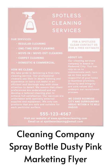 A professional advertising flyer for a cleaning company or house cleaning service. This promotional leaflet has been designed to successfully market your services and grow your cleaning business by attracting new customers. It features a modern and minimalist design with a spray bottle graphic and your company name featuring on the front and back. This flyer is in a dusty pink colourway. The text templates are easily customised to suit the branding and marketing requirements of your business. Cleaning Business Packages, Cleaning Service Post Ideas, Cleaning Business Marketing Ideas, Cleaning Services Flyer Design, Cleaning Flyer Ideas, House Cleaning Services Prices, How To Start A Cleaning Business, Cleaning Company Names Ideas, Cleaning Company Flyer