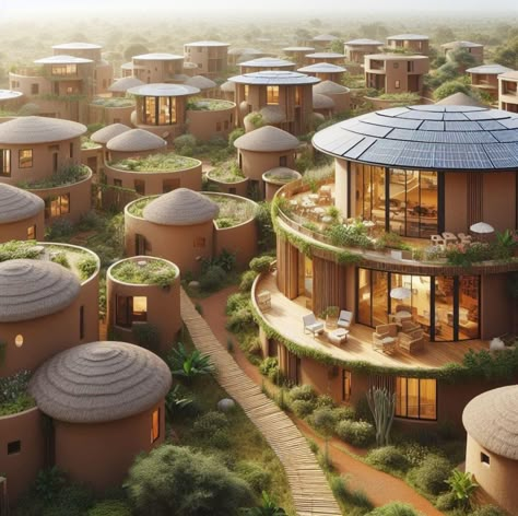 A futurist vision of an African village. A comprehensive plan for self-determination. Africa House Design, Modern African Architecture, Nature Architecture Concept, Eco Village, Afrofuturism Architecture, African Architecture Modern, African Architecture, African Village, African Mud House