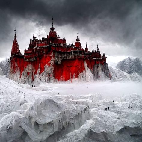 Red Fantasy Castle, Fantasy Manor Art, Time Magic Art, Fantasy Sky Art, Fire Castle, Dnd Castle, Dark Fantasy Castle, Castle Fantasy Art, Evil Castle