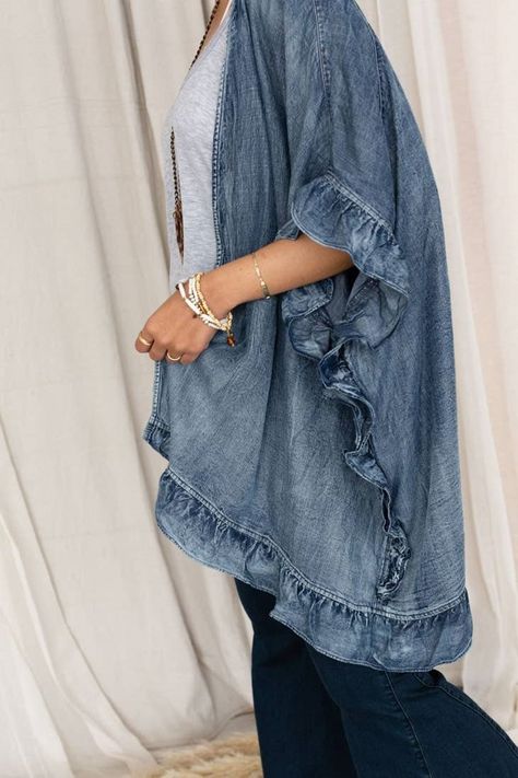 Ruffled Denim Jacket is Adorable - Etsy Denim Jacket Diy, Denim Kimono, Day Outfit Winter, Ruffled Denim Jacket, Winter Outfit Aesthetic, Jacket Diy, Diy Denim, Recycled Clothing, Outfit 2022