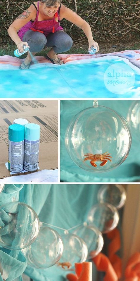 DIY Mermaid Party Decor and Tablescape idea (how-to) by Brenda Ponnay for Alphamom.com Bubbles Party Decorations, Diy Mermaid Backdrop, Diy Mermaid Decor, Diy Mermaid Party, Diy Mermaid Birthday Party, Little Mermaid Decorations, Mermaid Party Decor, Mermaid Birthday Decorations, Mermaid Birthday Party Decorations