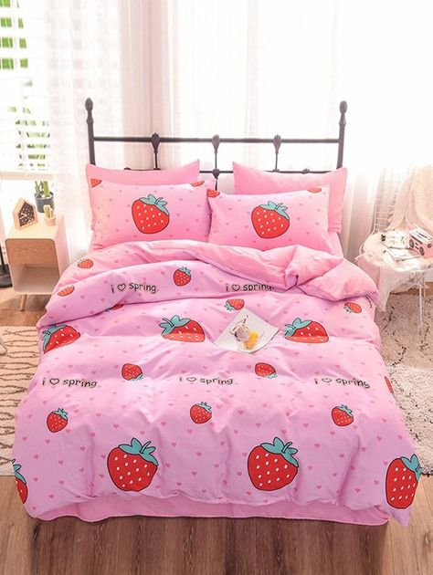 Strawberry Print 4PCS Bedding Set , #AFFILIATE, #Print, #Strawberry, #PCS, #Set, #Bedding #affiliate Cherry Blanket, Strawberry Kawaii, Kawaii Cherry, Luxury Bed Sheets, Cute Bedding, Full Bedding Sets, Patterned Bedding, Kids Bedding Sets, Comforter Bedding Sets