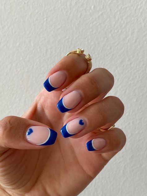 #summer #nails #nailinspo #aesthetic #blue #white #frenchnails #classy Blue And White Simple Nails, Blue White French Tip Nails, Nails Blue And White French, Blue French Tip Nails With Heart, Nails To Match Royal Blue Dress, Blue And White French Nails, Navy Blue French Nails, Blue And White Summer Nails, Blue And White French Tip Nails