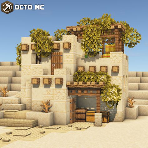 ▛ From IG: @octo_mc ▟ Cool sand themed adobe build of house / base in the desert! Really love the aesthetic for this one. The green looks very fitting and gorgeous despite the dry climate. Visit the creator for more epic builds! Mc Desert House, Desert House Minecraft Ideas, Minecraft Oasis House, Desert Home Minecraft, Minecraft Desert House Interior, Minecraft Desert Palette, Minecraft Badlands Base, Desert Houses Minecraft, Minecraft Oasis Ideas