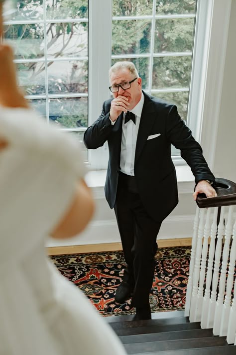 Dad in tuxedo holds his hand to his mouth, holding back tears as he looks up the stairs at his daughter in her wedding dress. Father Daughter First Look, Father Daughter Wedding, Nova Scotia Wedding, Wedding Photo List, Canadian Wedding, Family Wedding Photos, Wedding Portrait Poses, Wedding First Look, First Looks