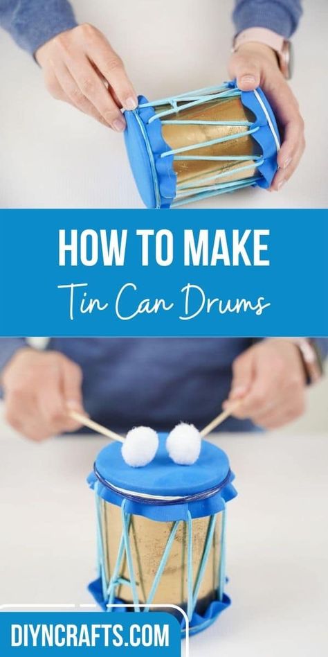 Make this unique upcycled tin can drums or turn them into bongos and have fun for hours with the kids playing! Making Instruments For Kids, Drum Making, Home Made Instruments For Kids, Diy Drum, Diy Instruments For Kids, Make A Drum Craft, Diy Drums For Kids, Drum Recycle, Drum Upcycle