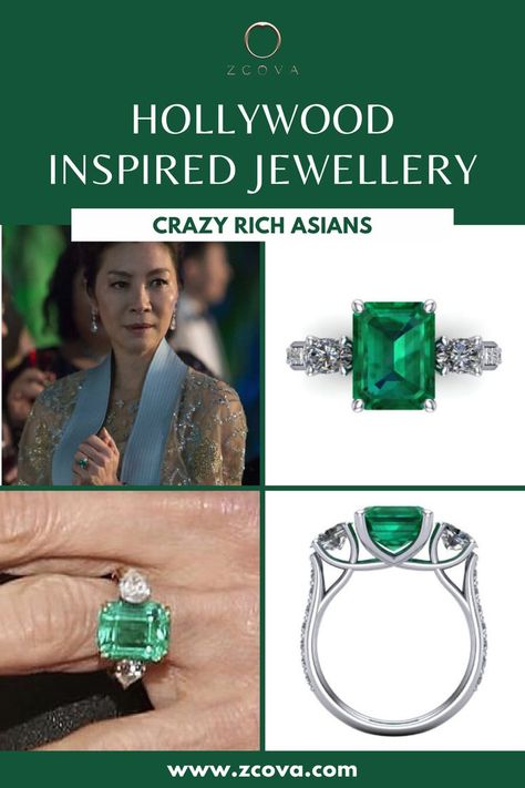 Emerald Ring From Crazy Rich Asians, Crazy Rich Asians Emerald Ring, Crazy Rich Asians Wedding Ring, Colombian Emerald Engagement Ring, Colour Stone Rings, Crazy Rich Asians Ring, Emerald Ring Design, Rings With Meaning, Hollywood Jewelry