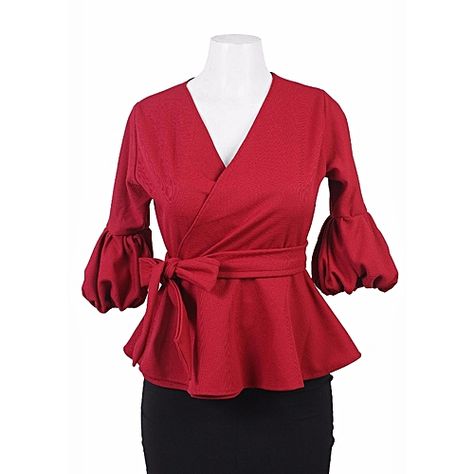 Ladies Wrap Peplum Top - Wine Wrap Tops For Women, Red Outfits For Women, Peplum Wrap Top, Types Of Tops, Top For Ladies, Red Outfits, Wine Top, African Fashion Dresses, Fashion Sewing