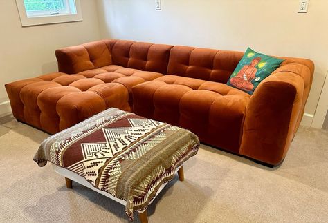 Boba sectional in Burnt orange premium velvet. Next to a hunting chair. Burnt Orange Furniture, Hunting Chair, Orange Furniture, Burnt Orange, Sectional, Hunting, Velvet, Orange, Green