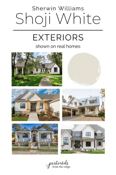 Sherwin Williams Shoji White 2023 Review & Color Palettes - Postcards from the Ridge Red Brick Black Windows, Brick Black Windows, Garrison Colonial Exterior, Sw Shoji White, White Siding Exterior, Home Exterior Updates, Sherwin Williams Shoji White, Painting Exterior House, Exterior Mood Board