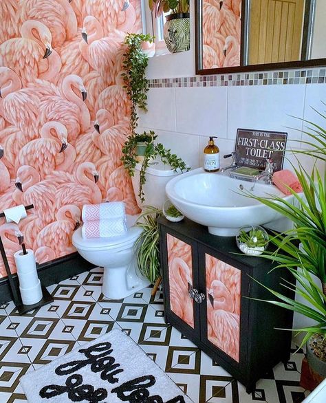 ⛅️ Jo at Cloud Nine Interiors on Instagram: “HANDS UP: I’ve always been one to willingly admit to my mistakes and this is one of those moments - remember I ordered new tropical leaf…” Flamingo Bathroom Decor, Miami Bathroom, Flamingo Bathroom, Pool House Bathroom, Black And White Tile, Bathroom Cupboards, Black Bathroom Furniture, Rustic Bathroom Shelves, Home Interior Accessories