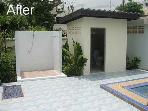 Backyard Restroom Ideas, Outdoor Bathrooms Toilet Pool, Outdoor Restroom Ideas Backyards, Swimming Pool Shower Outdoor, Outdoor Pool Restroom Ideas, Pool Restroom Ideas, Outdoor Toilet For Pool, Outside Restroom Ideas, Outdoor Toilet Ideas Backyards