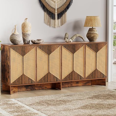 PRICES MAY VARY. [Boho Rattan Fluted Design] Enhance your space with our sideboards' Bohemian-inspired design featuring fluted doors and an rustic brown finish. This distinctive aesthetic not only adds decorative charm but also brings a touch of retro elegance to your home. The handleless design contributes to its sleek look, making it a standout piece in any room. [70'' Ample Storage Space] Enjoy vast storage capacity with our buffet cabinet's generous dimensions. This credenza boasts 7 regular Boho Credenza, Rattan Buffet, Hallway Rustic, Credenza Storage, Hallway Sideboard, Rustic Boho Living Room, Cabinet For Living Room, Buffet Sideboard, Industrial Livingroom