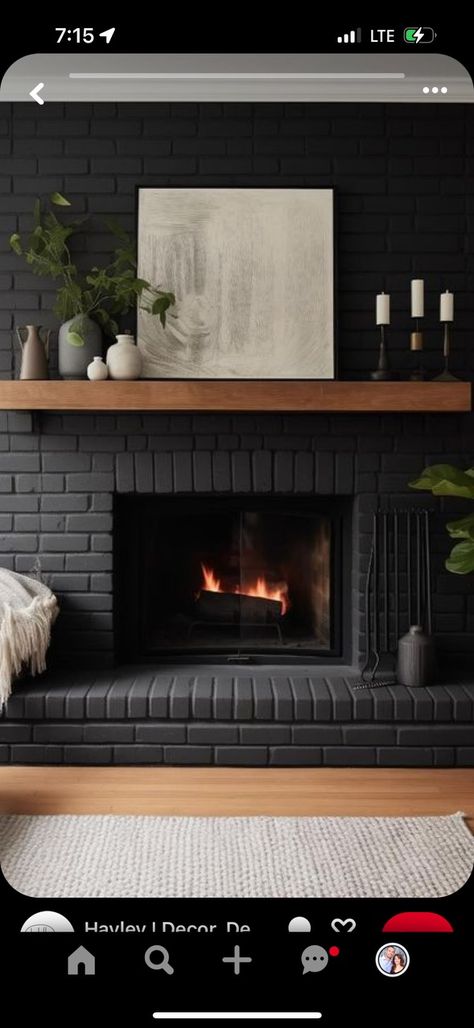 Painted Fireplace Brick Black, Black Brick Chimney, Black Chimney Fireplaces, Chimney Ideas, Black Brick Fireplace, Fireplace Styling, Wood Mantle Fireplace, Fireplace Inspiration, House Renos