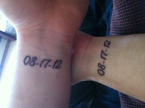 Date of engagement tattoos. Wedding date would be on the other wrist. Date On Wrist Tattoo, Date Tattoo Ideas Wrist, Birthday Wrist Tattoos, Date Tattoo On Wrist, Wrist Date Tattoo, Date Wrist Tattoos, Wedding Anniversary Tattoo Ideas, Wedding Anniversary Tattoo, Engagement Tattoos