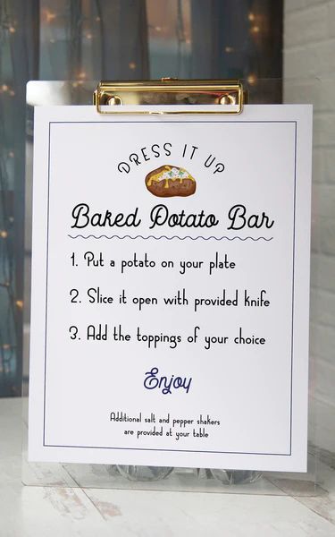 Baked Potato Bar Sign – Greengate Images Brunch Bar Wedding, Wedding Food Ideas On A Budget, Potato Bar Ideas, Potato Bar Party, Pickle Bar, Potato Party, Backyard Wedding Food, Mashed Potato Bar, Baked Potato Bar