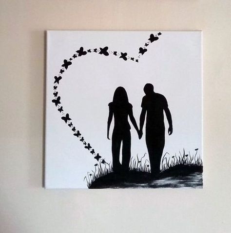 Painting Love Couple, Couples Canvas Painting, Love Canvas Painting, Silhouette Canvas, Frame Acrylic, Gift For Newlyweds, Romantic Paintings, Couple Silhouette, Couple Painting