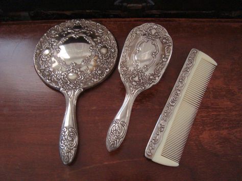 Vintage Engraved Silver Plate Comb Brush & by SofiasCobwebMuseum..$35 Vintage Brush Set, Silver Vanity Set, Mid Century Vanity, Silver Vanity, Hair Set, Vintage Brush, Vintage Silverplate, Vintage Hair, Mirror Set